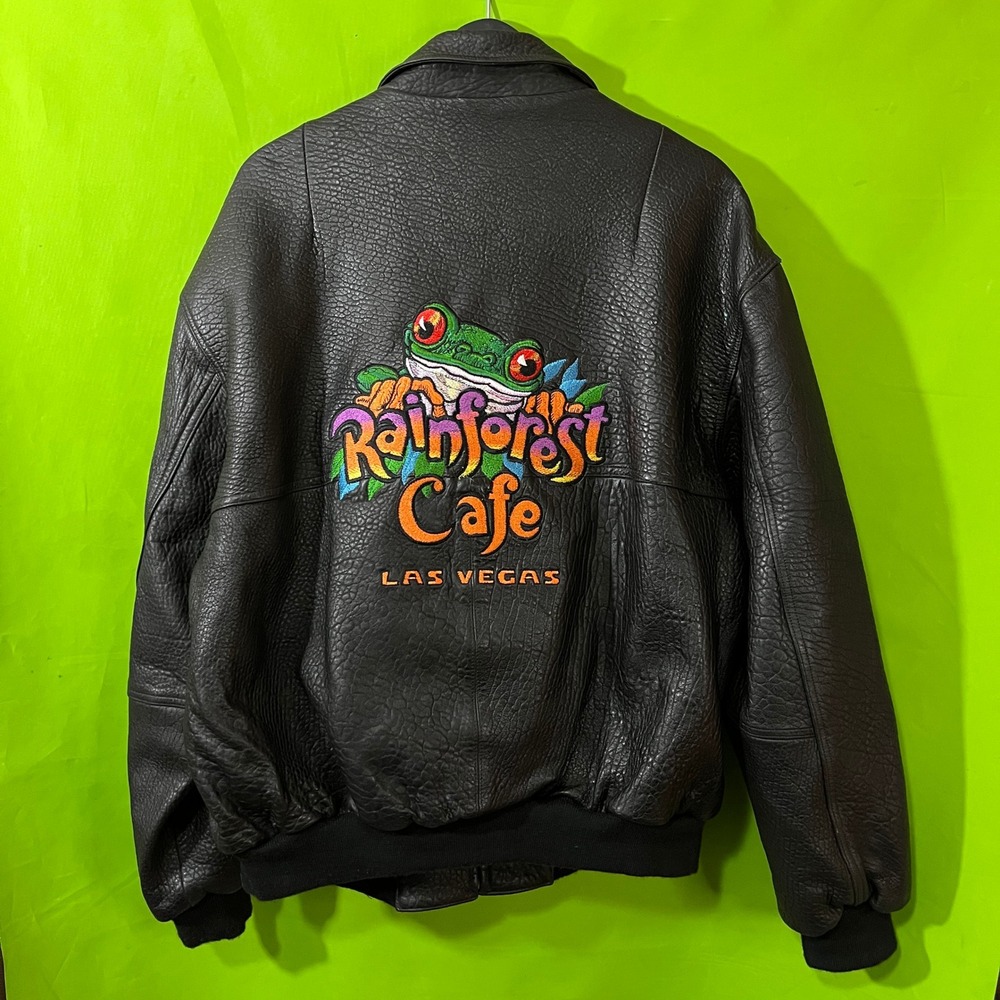 Vintage 90s Rainforest Cafe Las Vegas Leather Bomber Jacket Large Black Frog